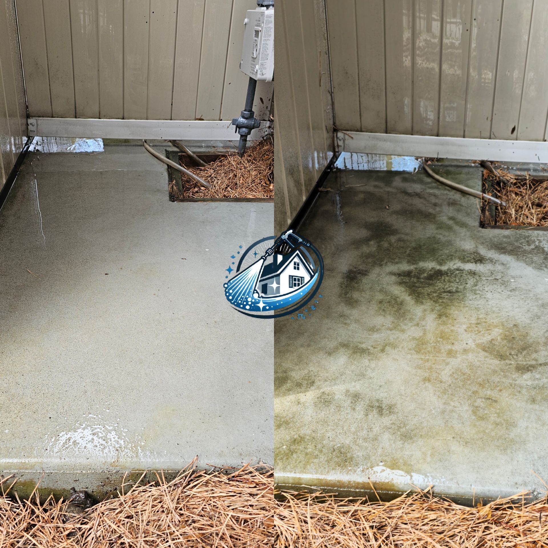 Dirty concrete pressure washed clean